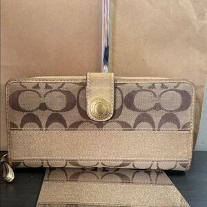 Coach Signature Stripe Zip Wallet with Logo Snap and Legacy interior